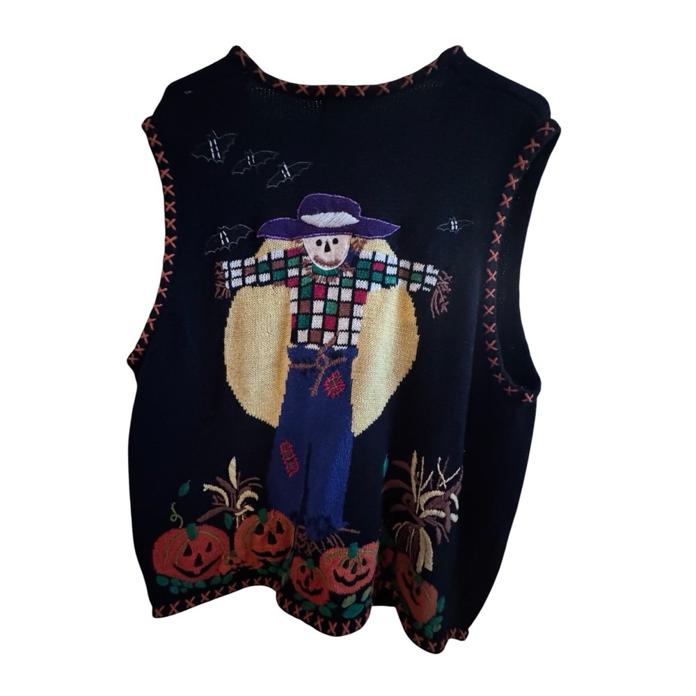 Vintage Designer Studio Fall Halloween Sweater Vest Women's Sz 1X Scarecrow